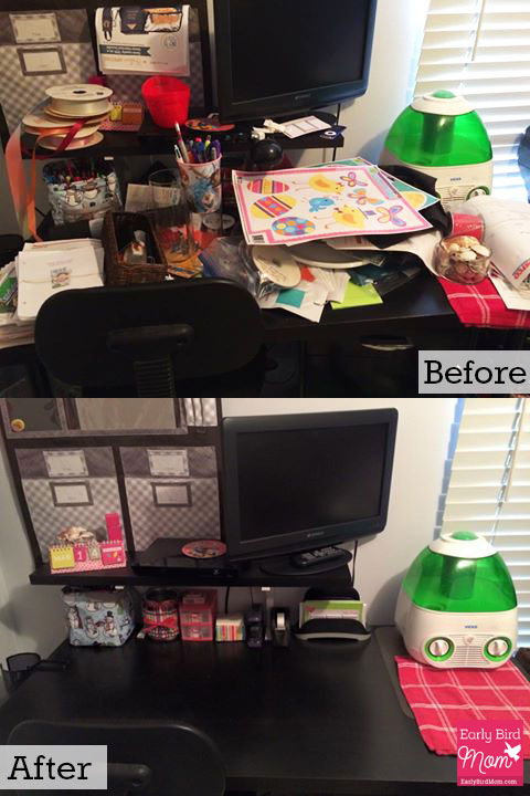 decluttering before and after on desk 
