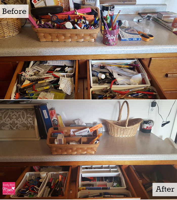 before and after decluttering counter 